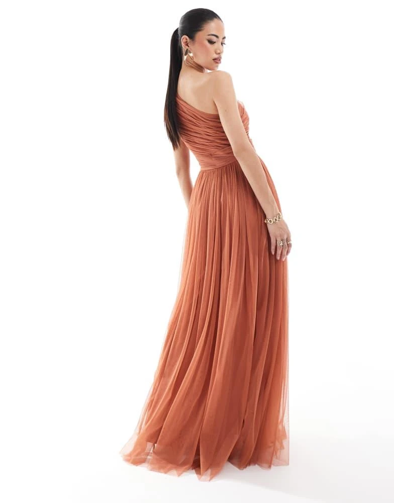 Lace & Beads Lace & Beads Bridesmaid one shoulder tulle maxi dress in terracotta rose 4