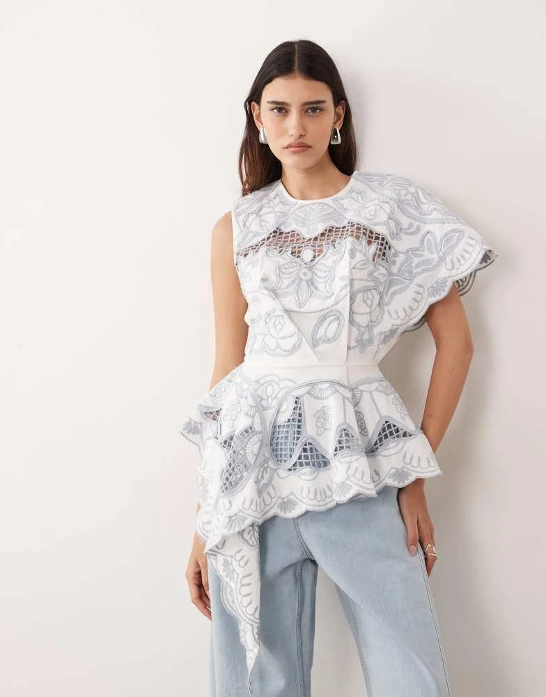 ARRANGE ARRANGE cut work floral one shoulder top in light blue