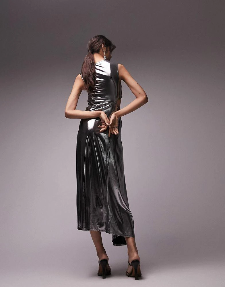 Topshop Topshop asymmetric metallic cut out midi dress in silver 4