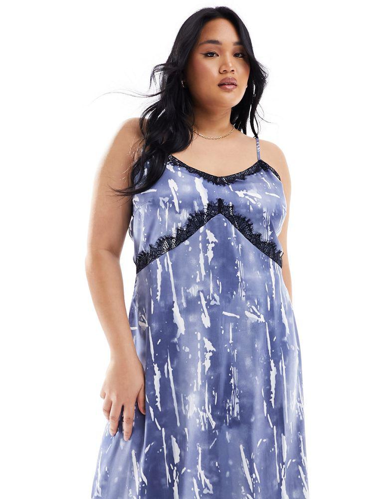 Vero Moda Curve Vero Moda Curve satin maxi slip dress with lace trim in blue crinkle print