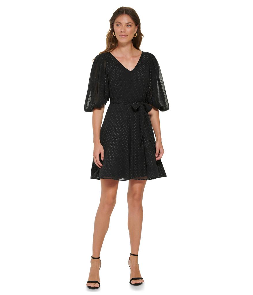 DKNY V-Neck Fit-and-Flare Dress with Balloon Sleeve