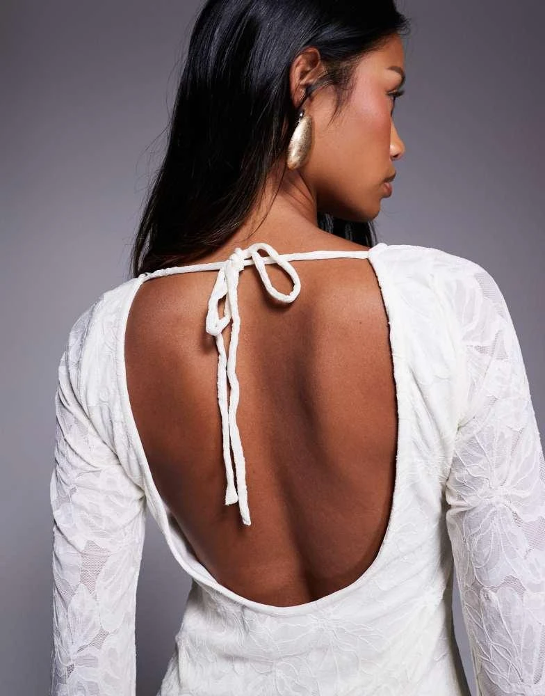 Princess Polly Princess Polly Lukea lace slash neck open tie back bell sleeve mini dress in cream 4