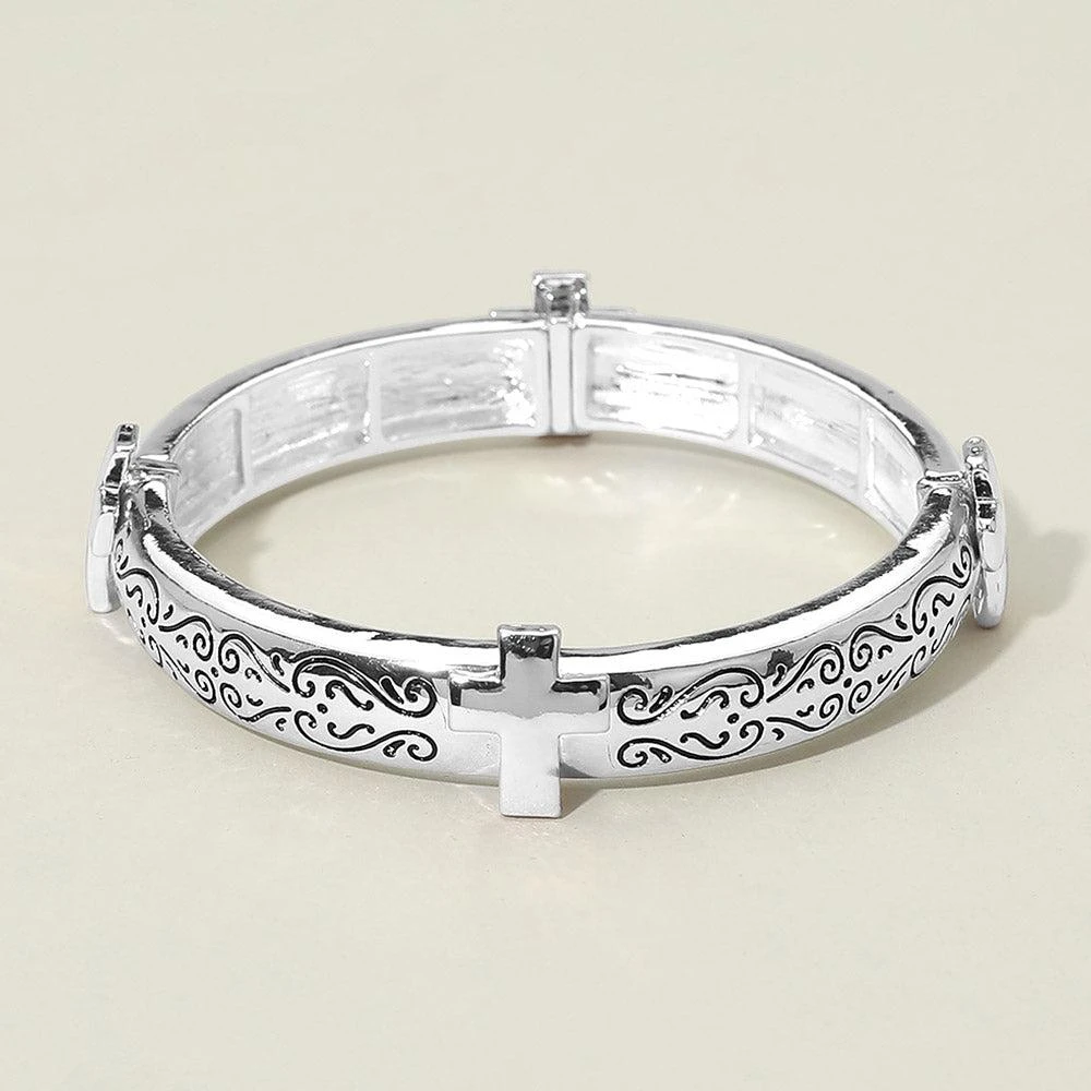 FASHNZFAB Antique Metal Cross Accent Stretch Bracelet 5