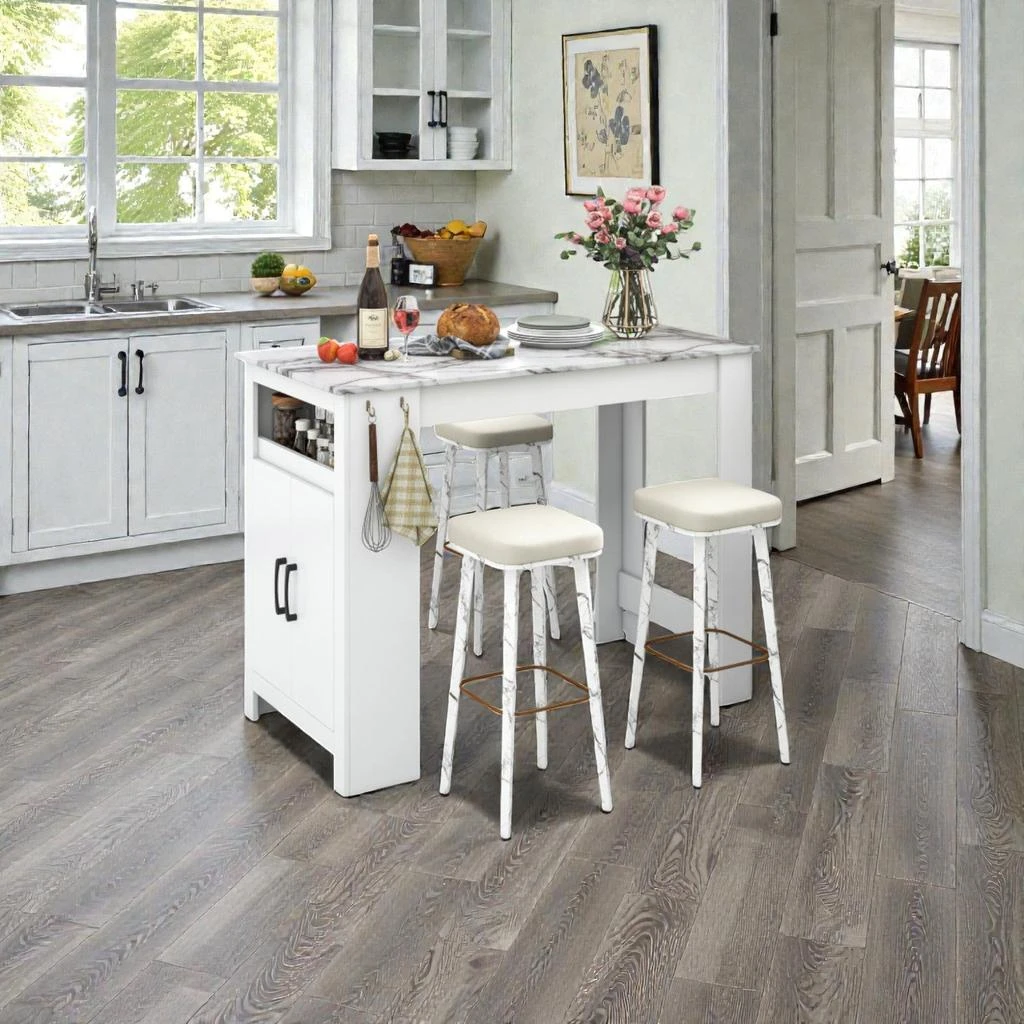 Hivvago Faux Marble Top Bar Table Featuring 7 Hooks and Storage Section