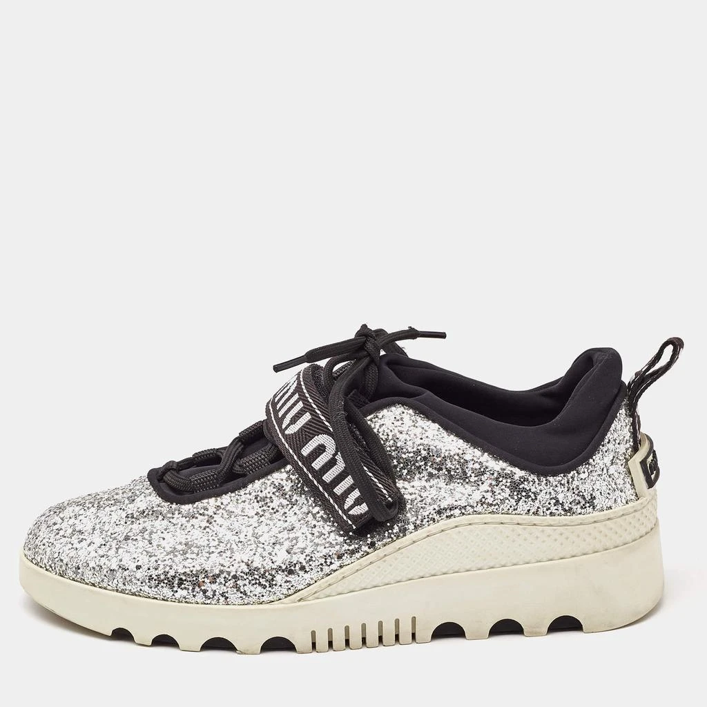 Miu Miu Miu Miu Silver Fabric and Glitter Lace Up Sneakers Size 37 1