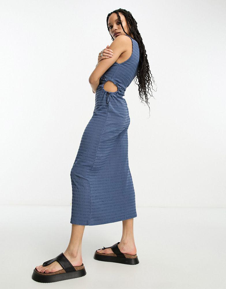 ASOS ASOS DESIGN crinkle midi dress with cut out side detail and toggle trim in blue