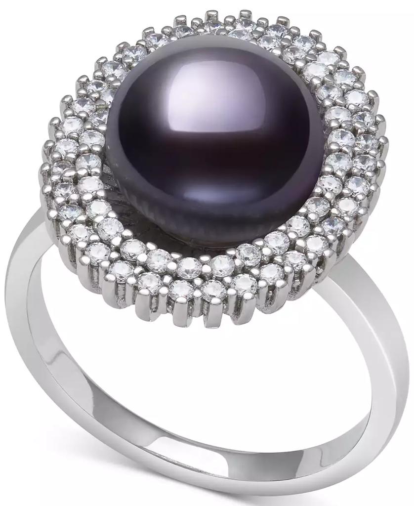 Belle de Mer Peacock Black Cultured Freshwater Pearl (10mm) & Cubic Zirconia Halo Ring in Sterling Silver (Also in White Cultured Freshwater Pearl)