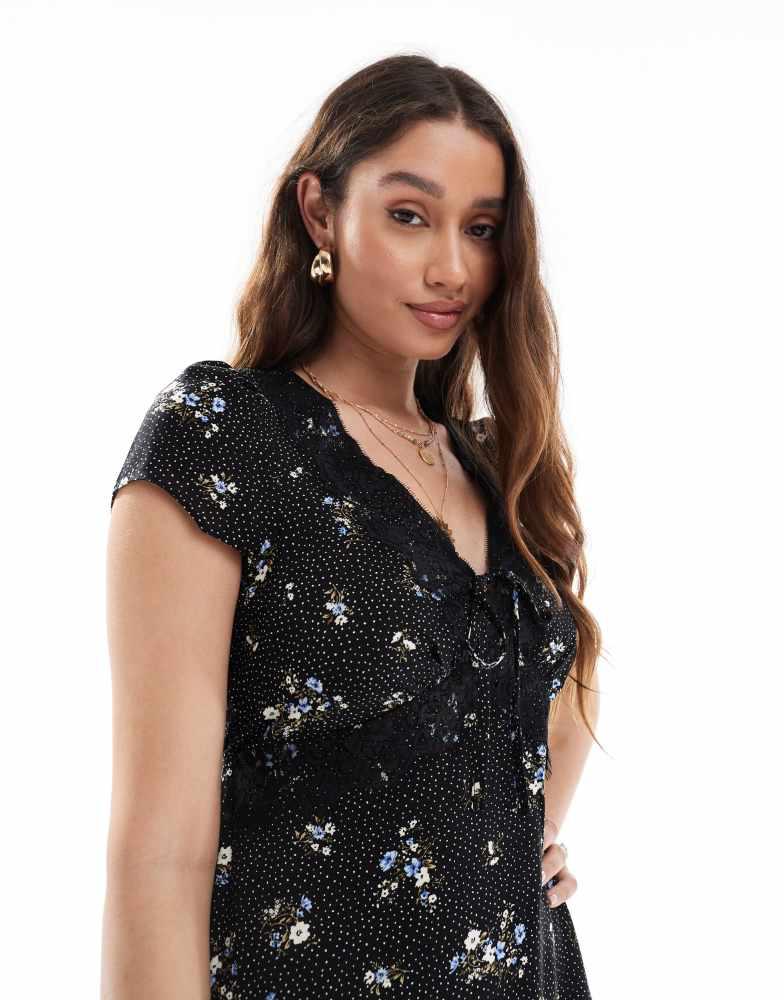 New Look New Look lace trim floral mini tea dress in black