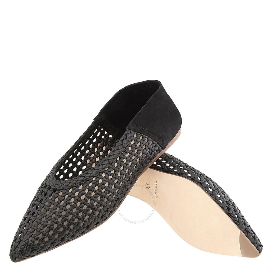 Studio Amelia Ladies Black Lattice Babche Pointed-Toe Nappa Flats