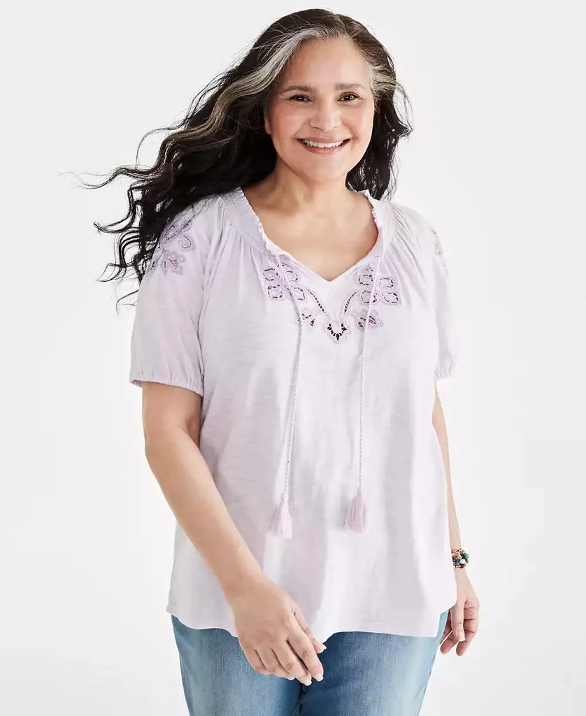 Style & Co Plus Size Embroidered Split-Neck Puff-Sleeve Top, Created for Macy's 1