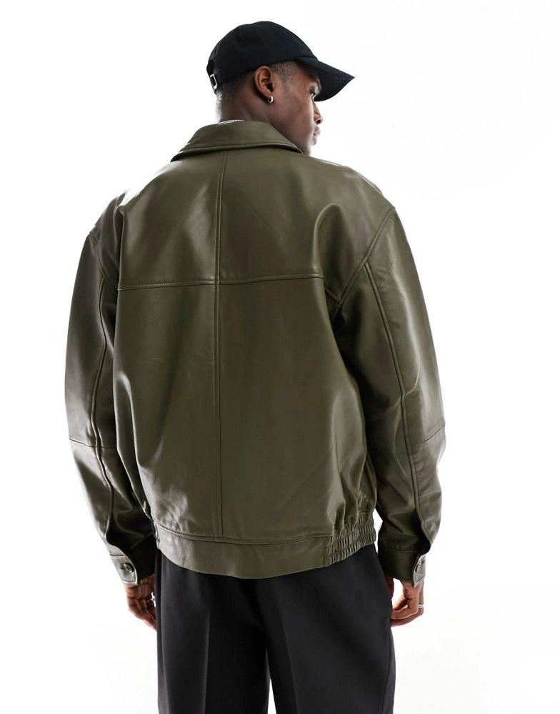 ASOS ASOS DESIGN oversized real leather bomber jacket in khaki 4