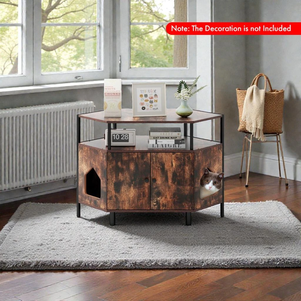 Hivvago Modern Corner Cat Litter Box Stand with Metal Legs and Twin Entry Design 2