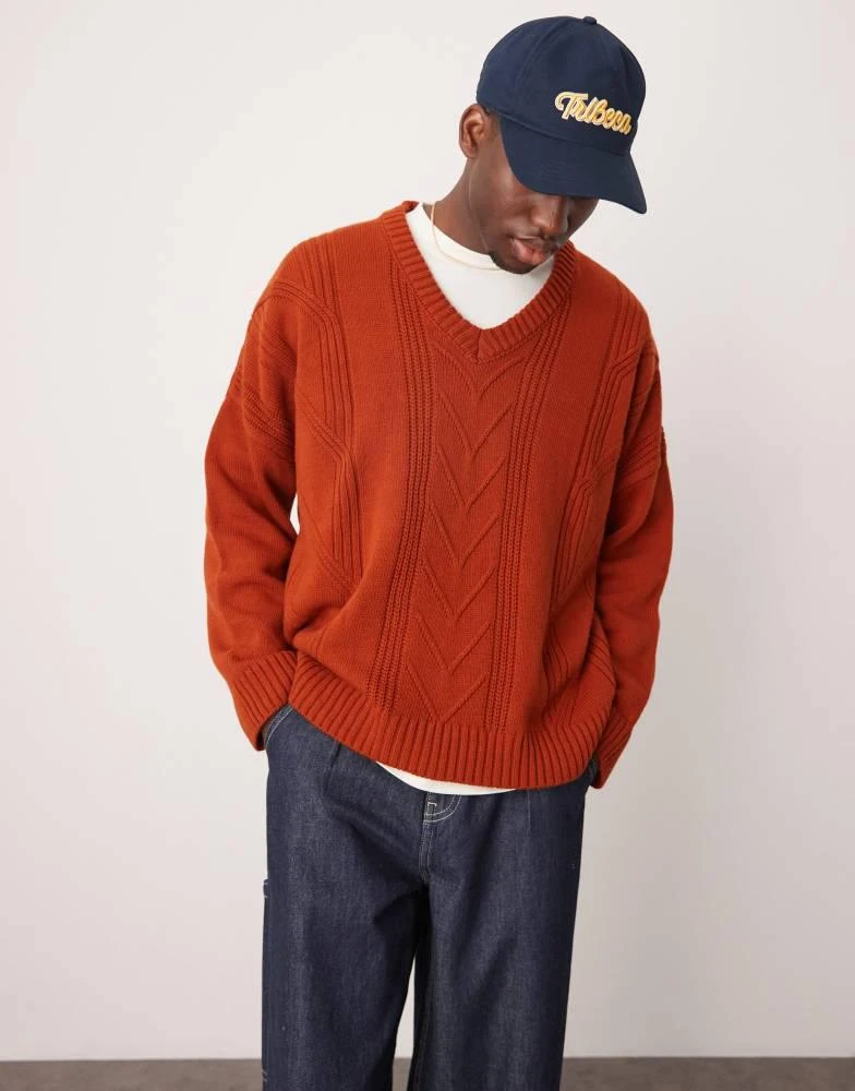 ASOS ASOS DESIGN super oversized stitch detail v-neck knitted  jumper in burnt orange 1