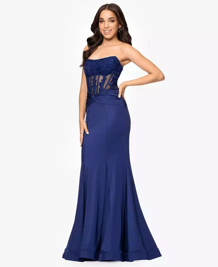 Blondie Nites Juniors' Embroidered Corset Trumpet Gown 3