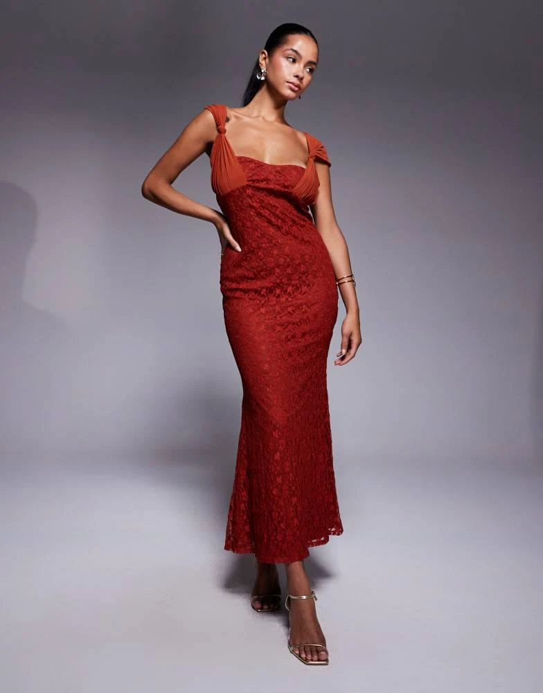 ASOS Design cami lace maxi dress with overlayed mesh strap detail in rust-Brown