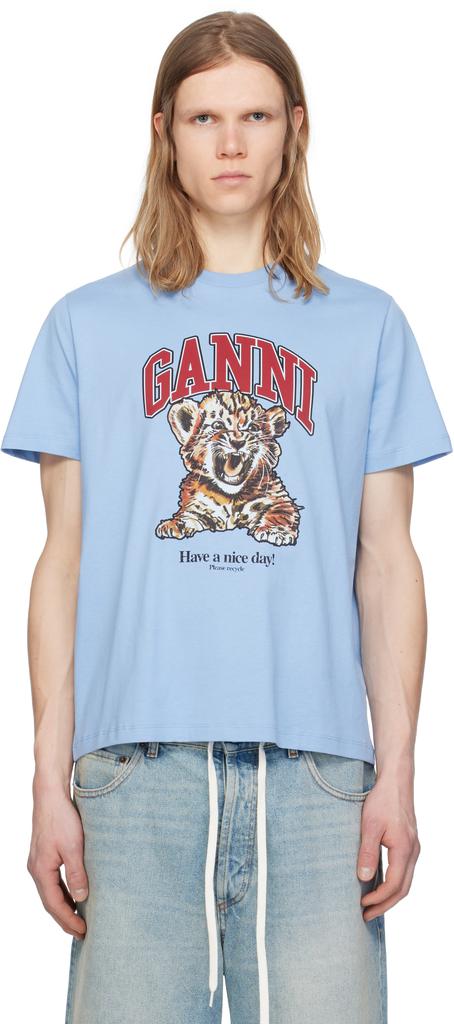 Ganni Blue Basic Jersey Tiger Relaxed T-shirt - T-Shirts - BeyondStyle