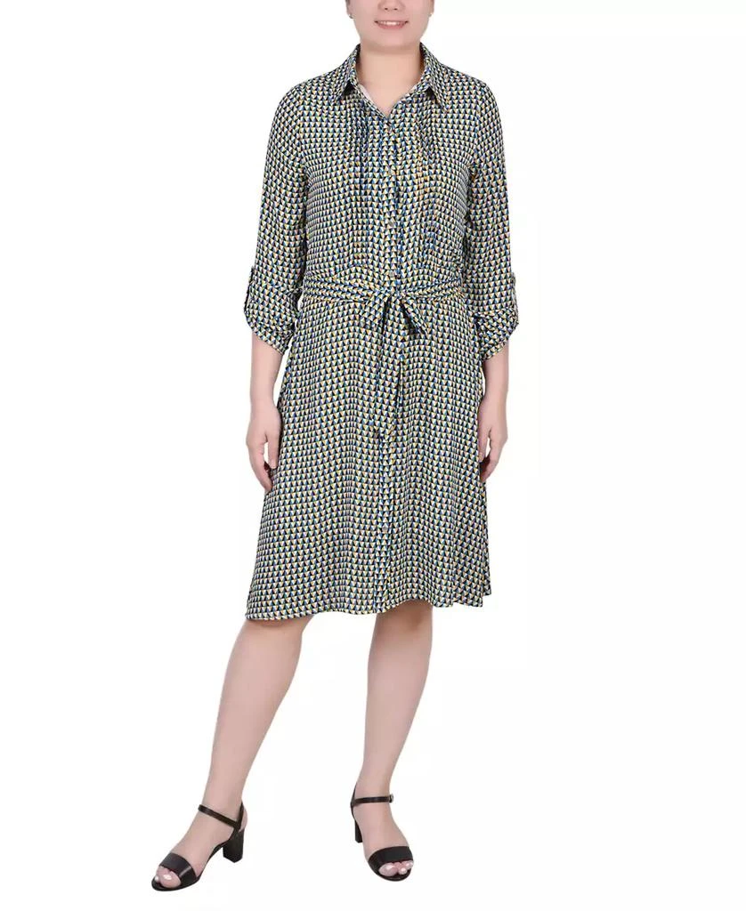 NY Collection Petite Geometric Printed Roll Tab Sleeve Dobby Shirt Dress 1