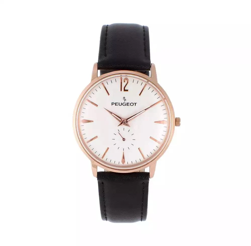 Peugeot Men's 40mm Rose Gold Vintage Like Remote Sweep Leather Strap Watch 1
