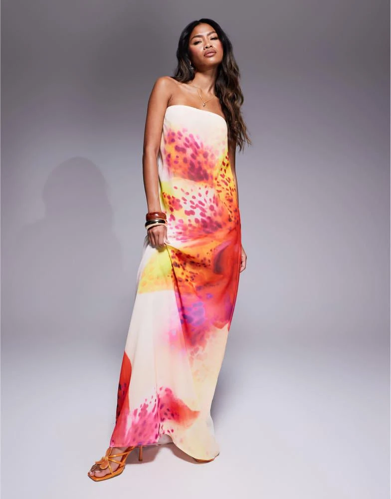 Murci Murci exclusive chiffon bandeau trapeze maxi dress in off white flower print 1