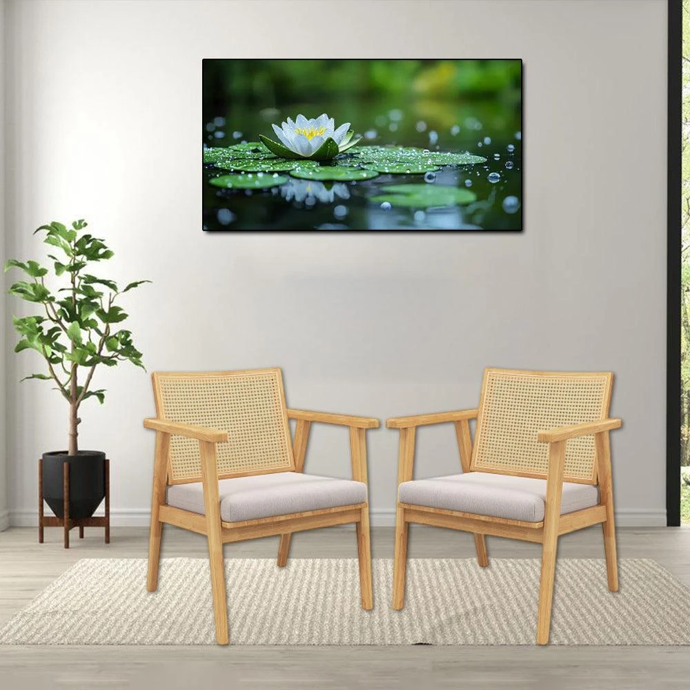 Hivvago Set of 2 Mid-Century Rattan Back Accent Chairs with Wooden Frame