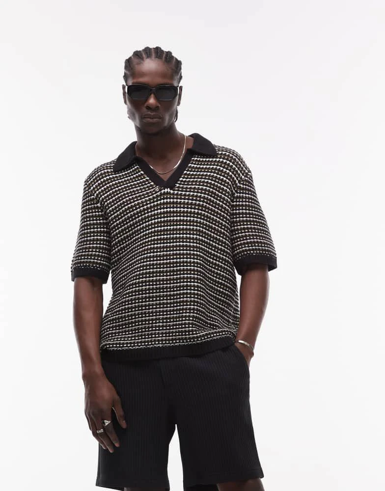Topman Topman revere knitted polo shirt in stripe 1