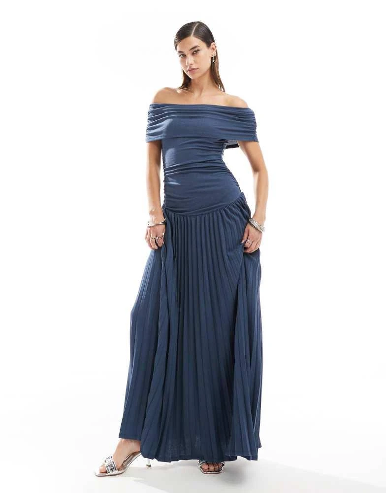 Lioness Lioness knit ruched bardot drop waist pleated maxi dress in navy 1