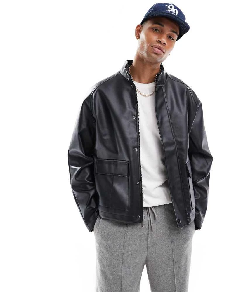 ASOS ASOS DESIGN faux leather jacket with funnel neck in black 1