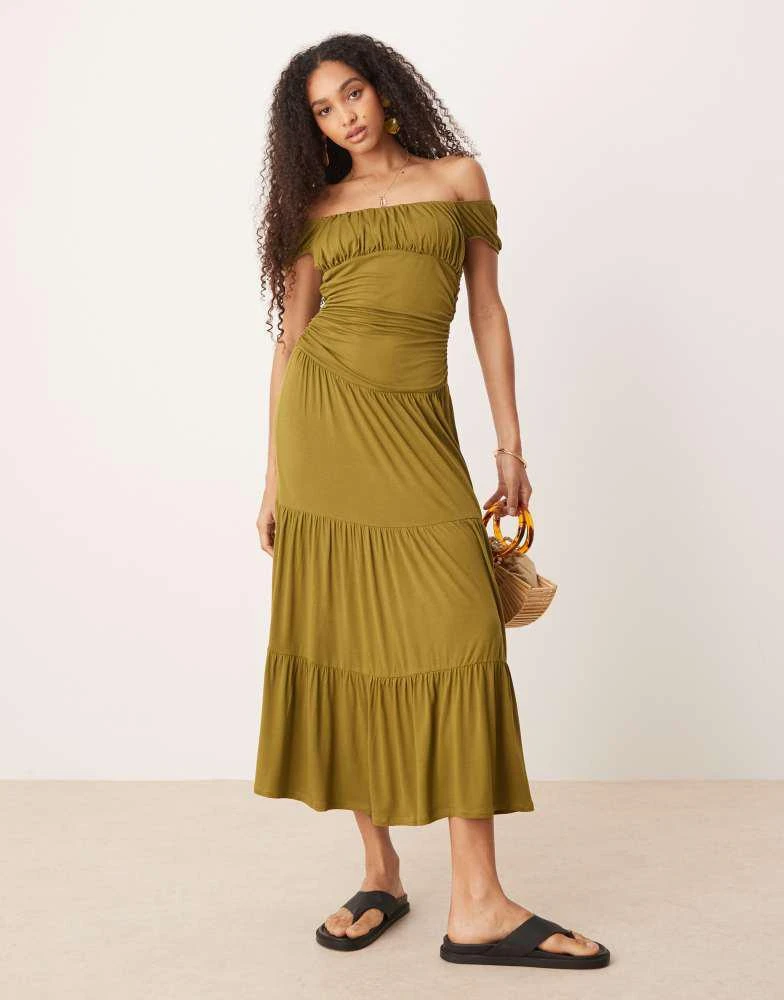 ASOS ASOS DESIGN ruched bust praire tiered maxi dress in green 1