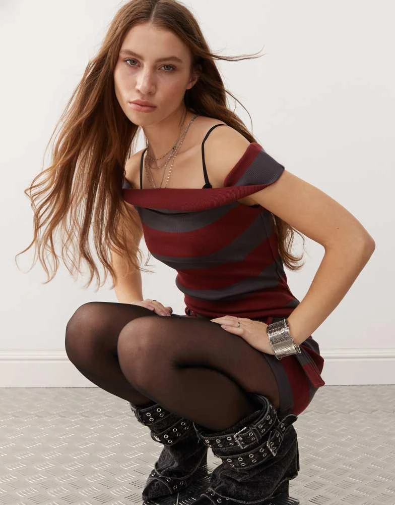 The Ragged Priest The Ragged Priest rib bardot mini dress with belt in red and black stripe 4