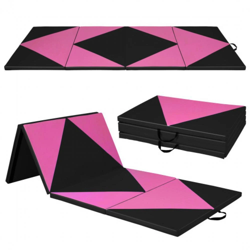 Hivvago 4-Panel PU Leather Folding Exercise Gym Mat with Hook and Loop Fasteners-Black & Pink 3