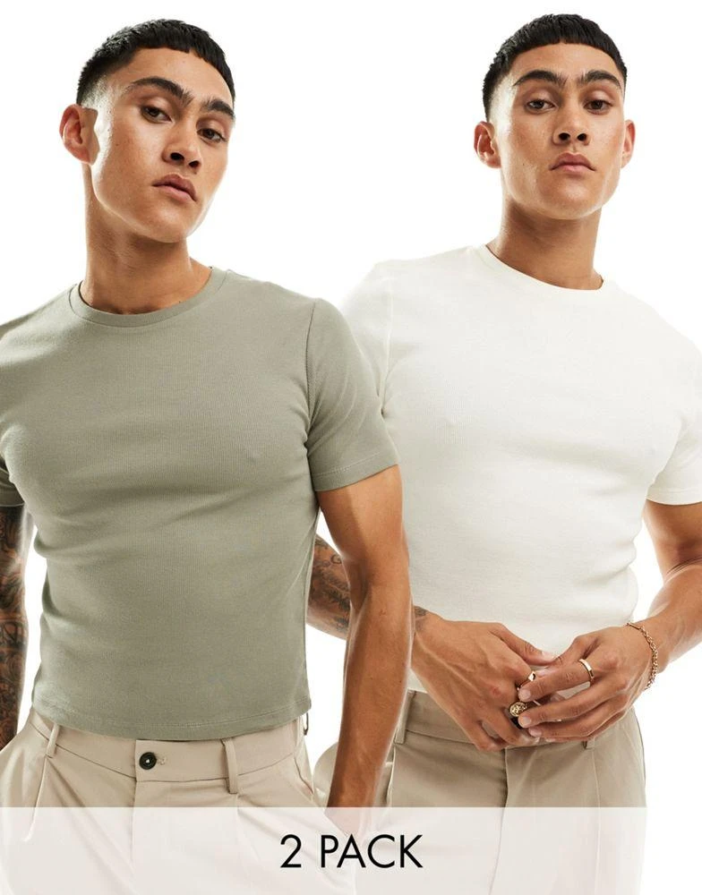 ASOS ASOS DESIGN essential 2 pack muscle fit t-shirts in off white and khaki rib 1