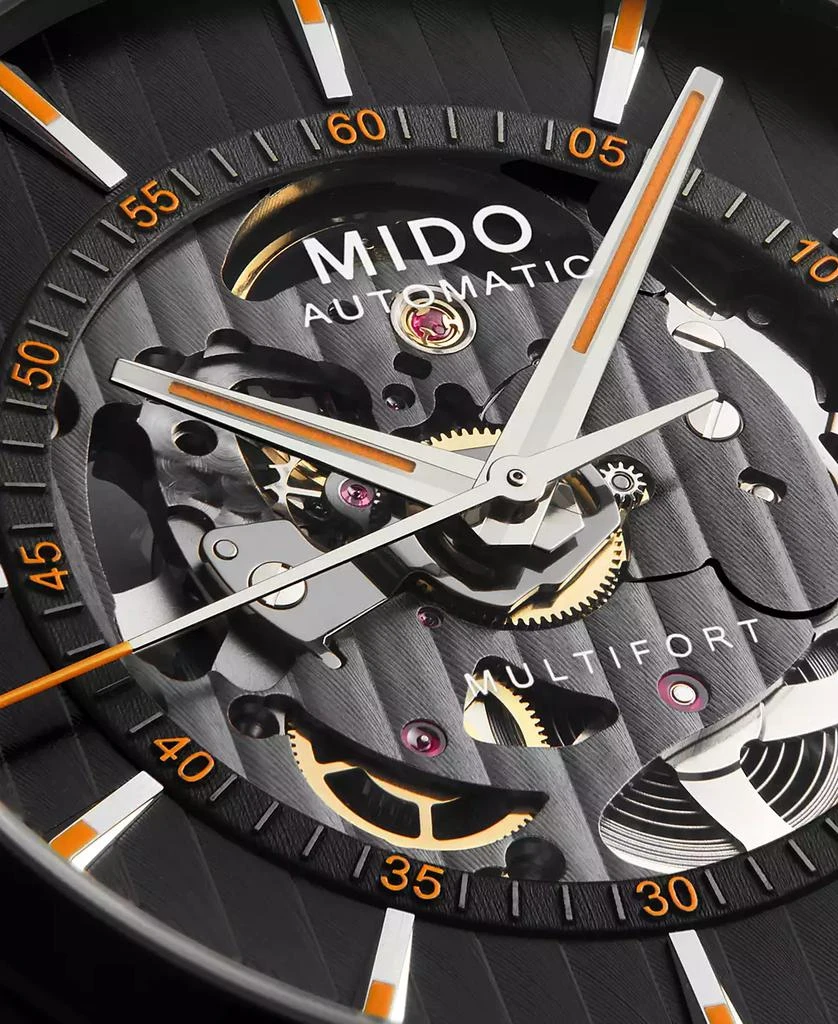 MIDO Men's Swiss Automatic Multifort Skeleton Vertigo Black and Orange Fabric Strap Watch 42mm 6