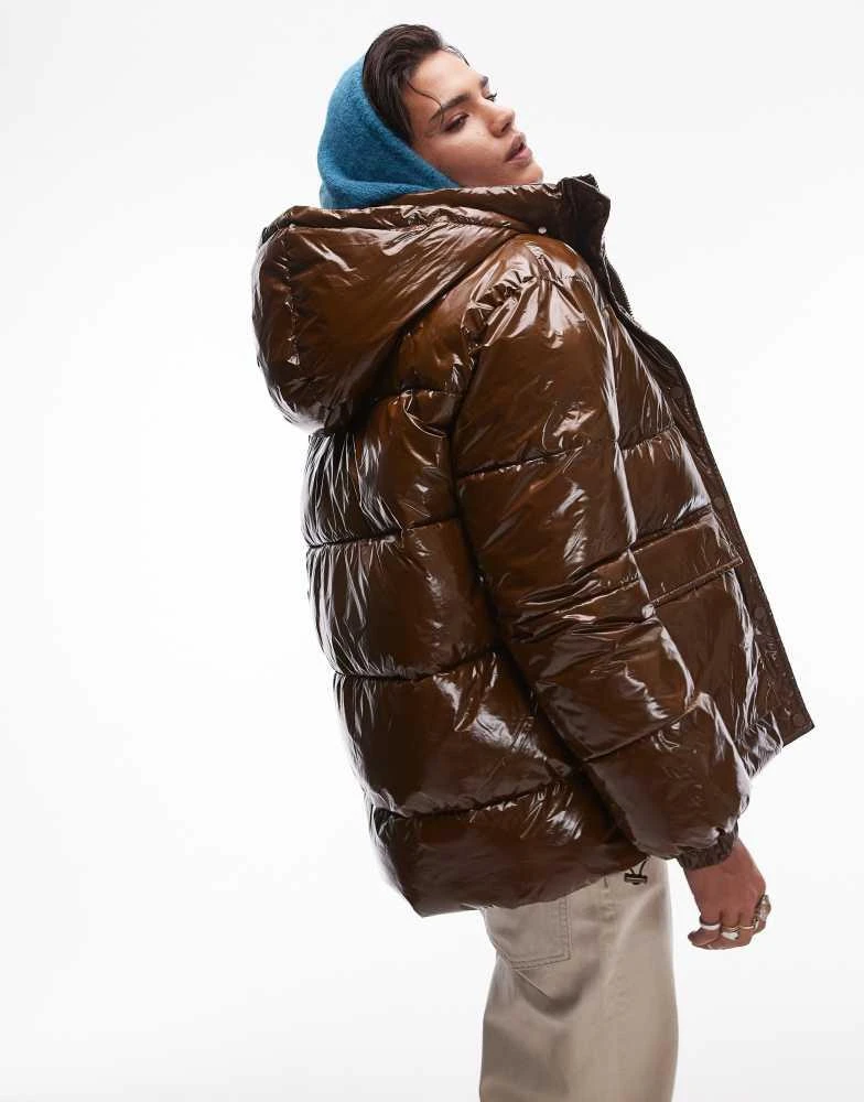 Topshop Topshop puffer bomber jacket in choc 4