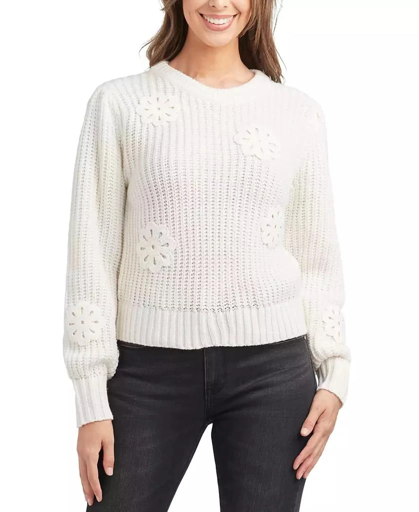 BCX Juniors' Embroidered Open-Knit Crewneck Sweater 1