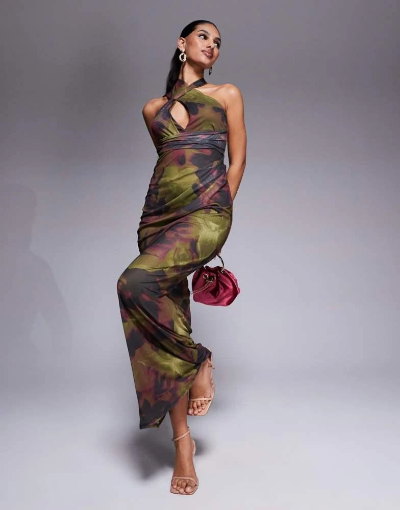 Shop ASOS DESIGN halter cross front maxi dress in dark green & pink floral  on Sale at BeyondStyle  Get 70% Off ASOS DESIGN halter cross front maxi  dress in dark green