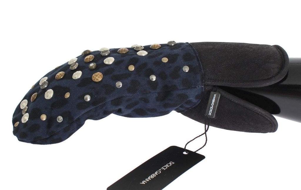 Dolce & Gabbana Dolce & Gabbana  Gray Wool Shearling Studded Blue Leopard Gloves