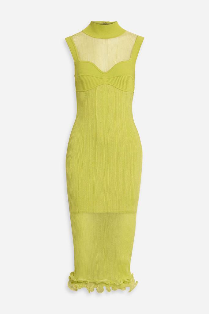 Herve Leger Layered ribbed tulle and stretch-knit midi dress