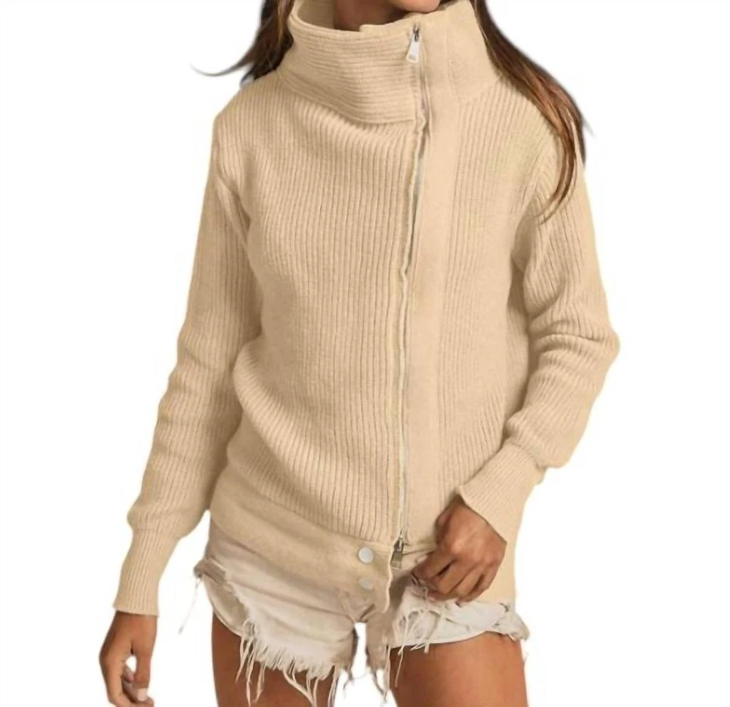 BiBi Front Zip Up High Neck Sweater Jacket In Oatmeal
