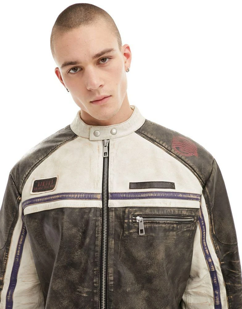 ASOS ASOS DESIGN real leather motocross jacket with badges in washed black 2