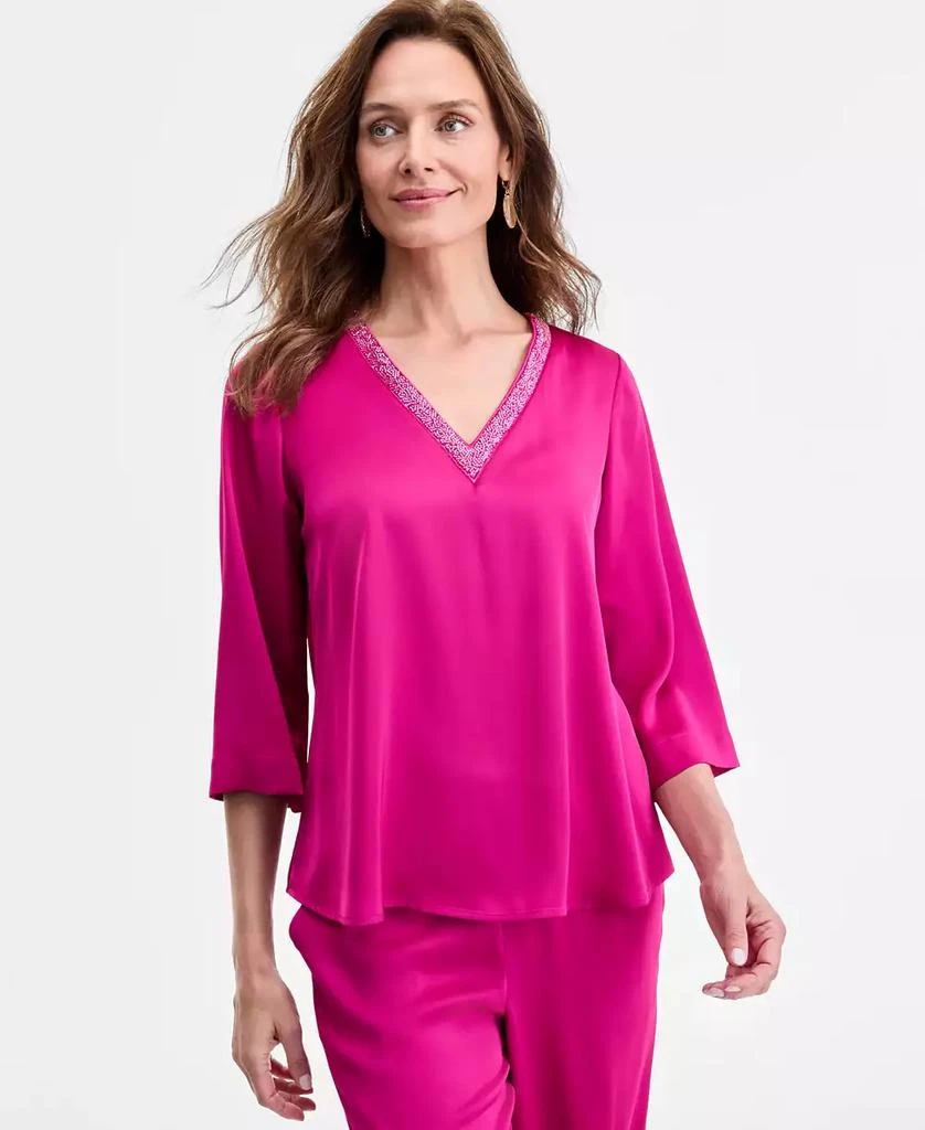 JM Collection Women's Beaded V-Neck 3/4-Sleeve Top, Exclusively at Macy's 1