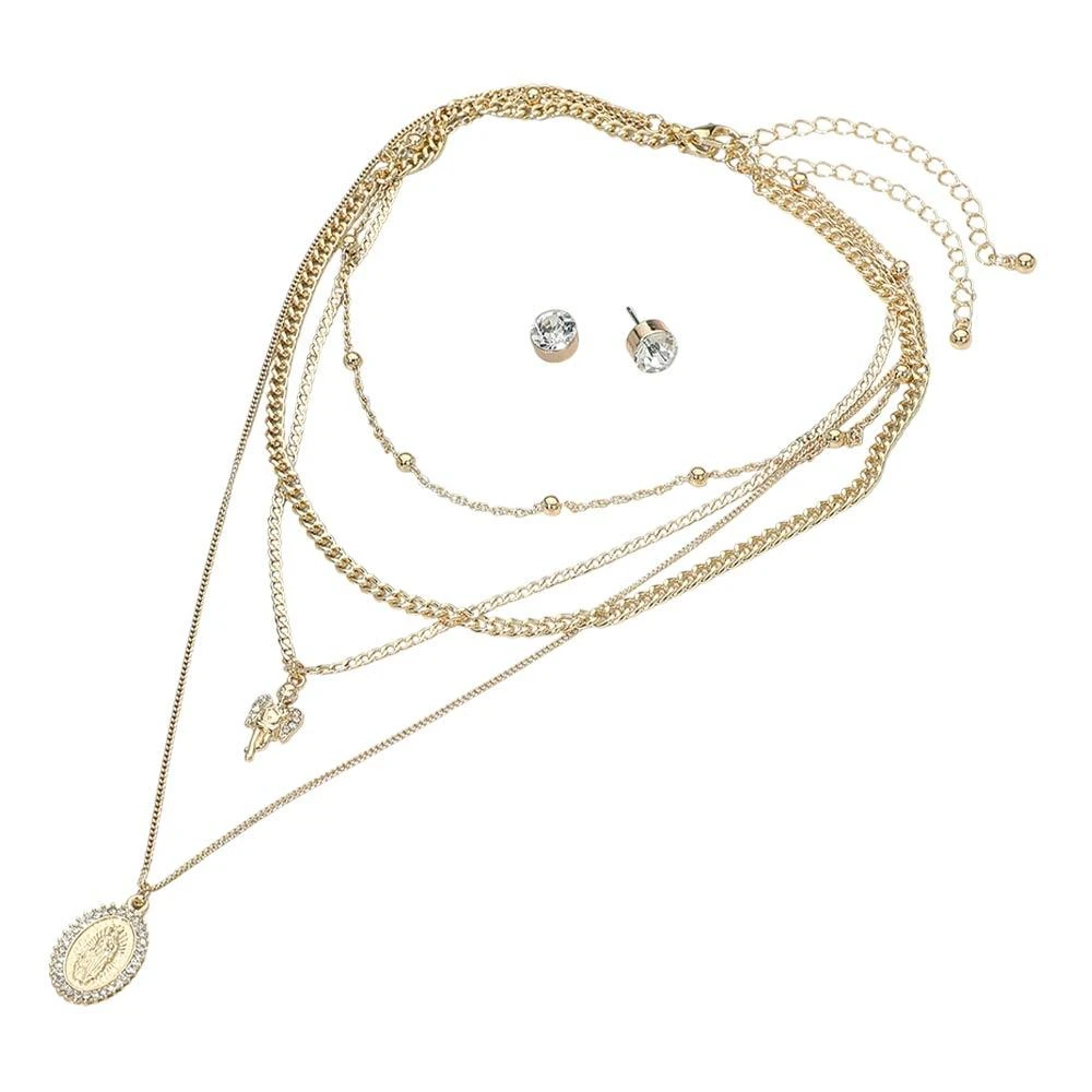 FASHNZFAB 2PCS - Layered Religious Oval Coin Angel Pendant Chain Necklaces 2