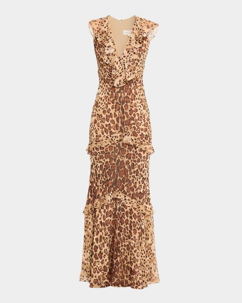 chinese dress ladies Sheer Ruched Chiffon Maxi Dress- Leopard Print