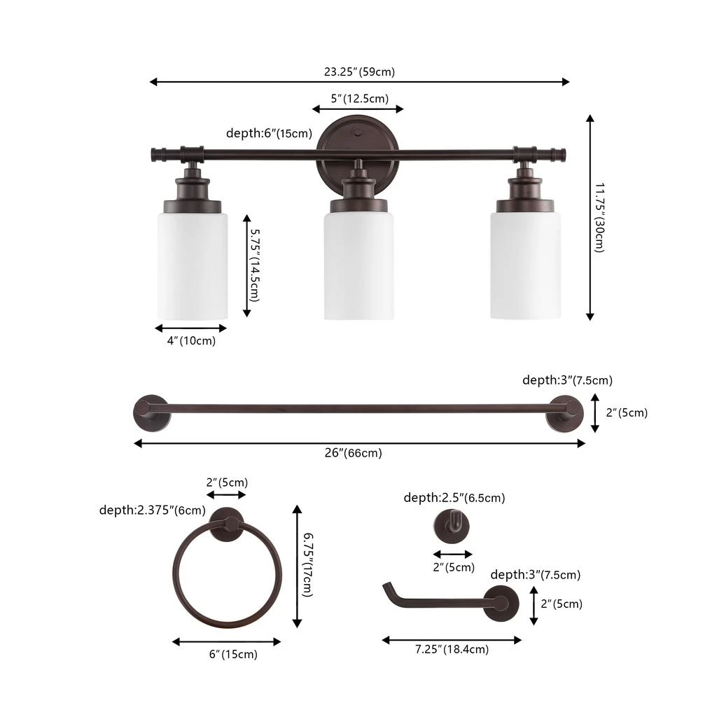 JONATHAN Y Egan 23.25" 3-Light Classic Cottage Vanity Light with Frosted Glass Shades and Bathroom Hardware Accessory Set, Oil Rubbed Bronze (5-Piece) 5