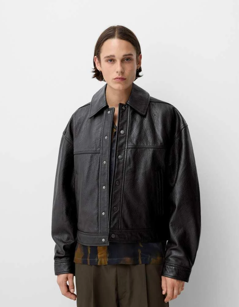 Bershka Bershka Collection leather bomber jacket in black 2