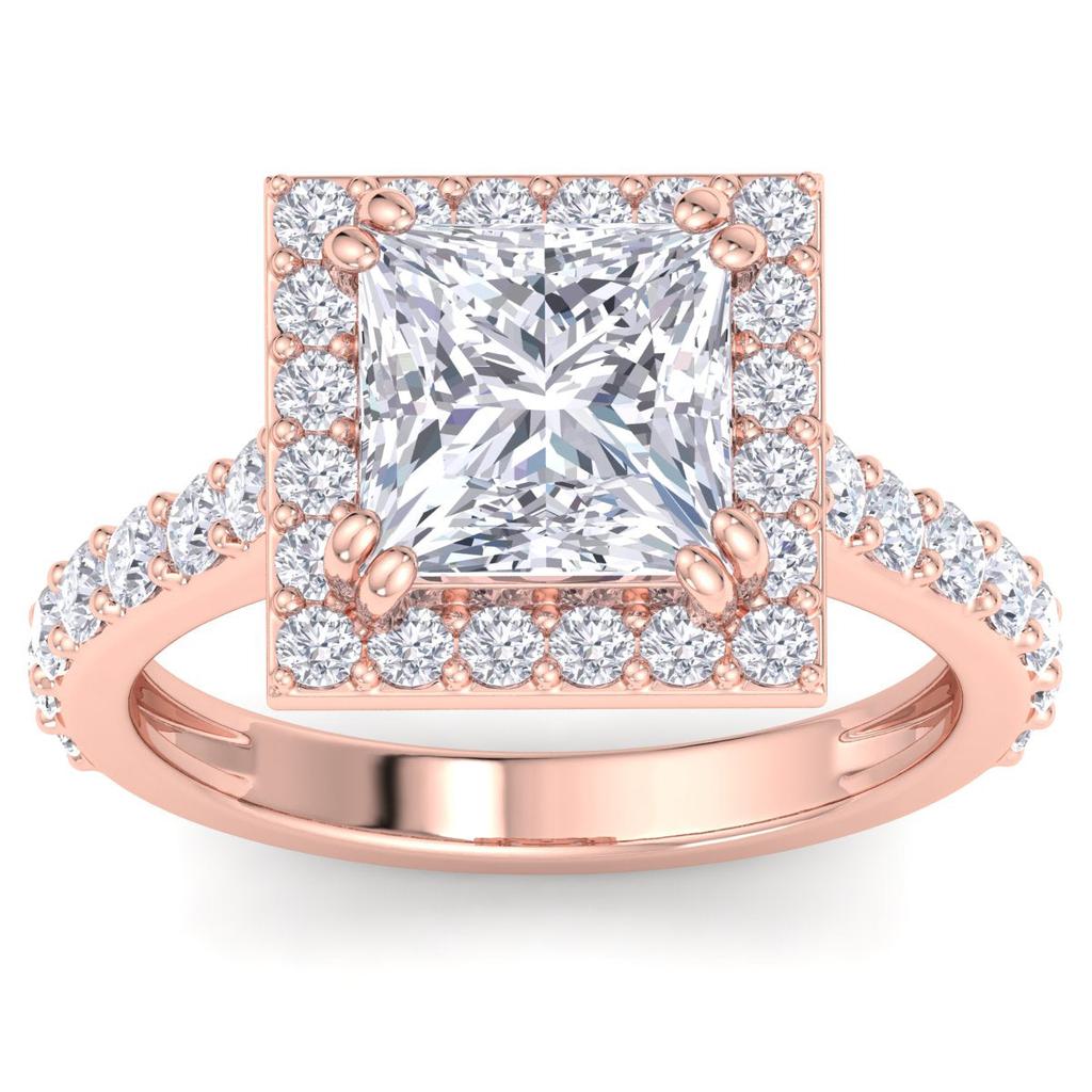 SSELECTS 4 Carat Princess Cut Lab Grown Diamond Halo Engagement Ring In 14K Rose Gold G-H, Vs2