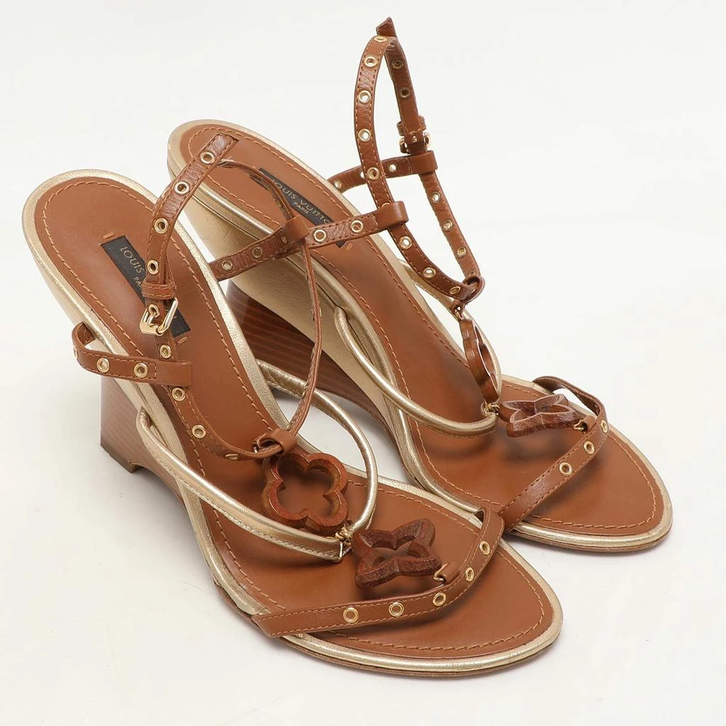Louis Vuitton Louis Vuitton Brown Leather Eyelet T-Strap Wedge Sandals Size 38.5 4
