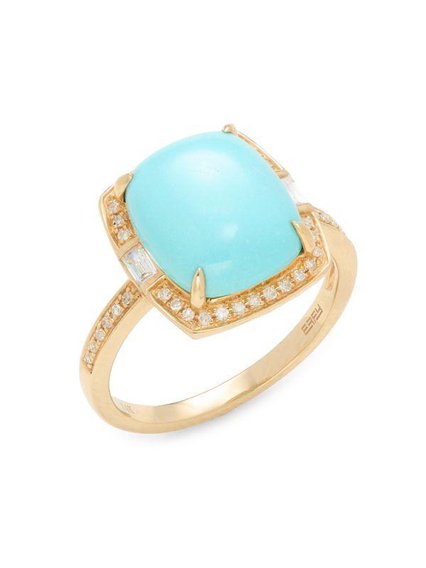 Effy 14K Yellow Gold, 0.25 TCW Diamond & Turquoise Halo Ring