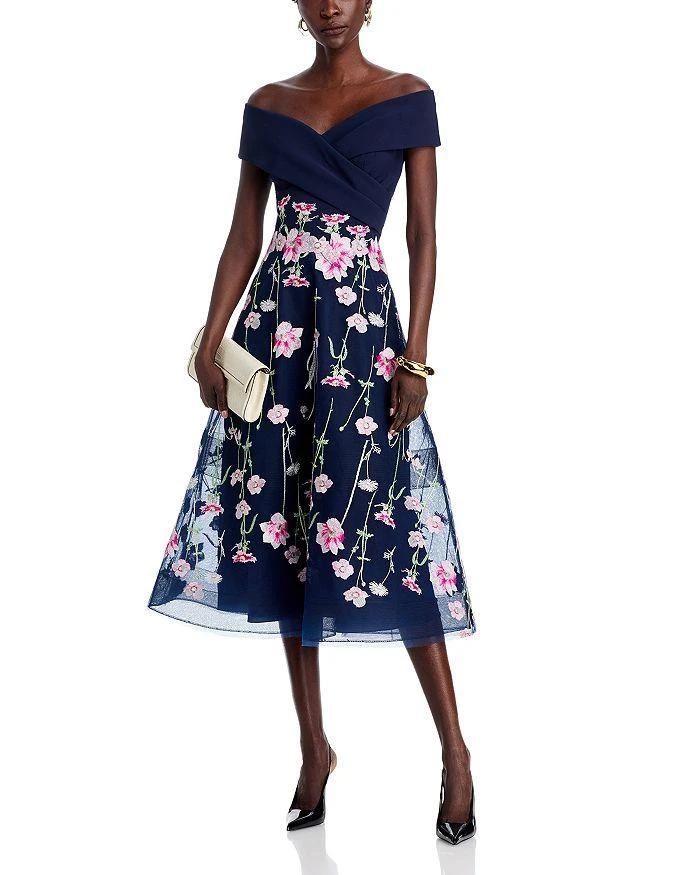 Teri Jon Crepe Off-the-Shoulder Embroidered Tulle Dress 3