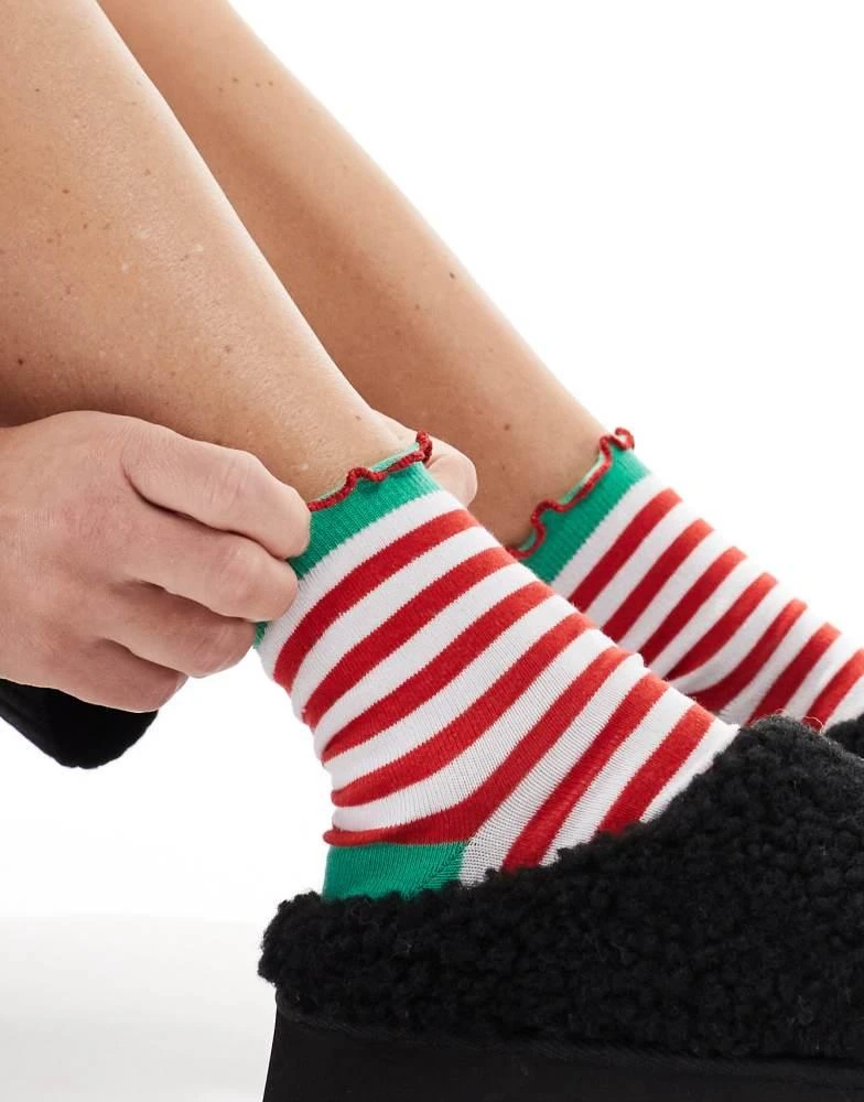 ASOS ASOS DESIGN Christmas ankle length elf stripe sock with metallic frill edge 3