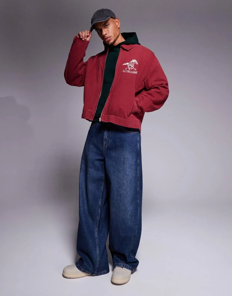 ASOS ASOS DESIGN oversized harrington jacket with chest embroidery in washed red 3